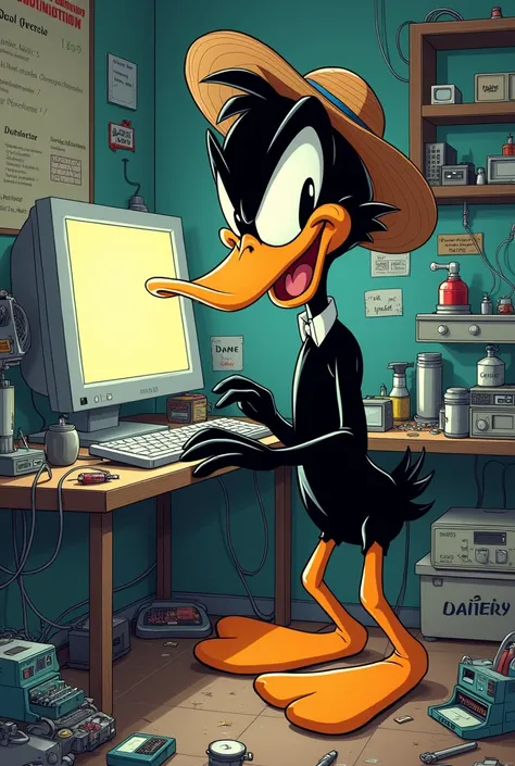 Create the character of Daffy Duck but by repairing computers 