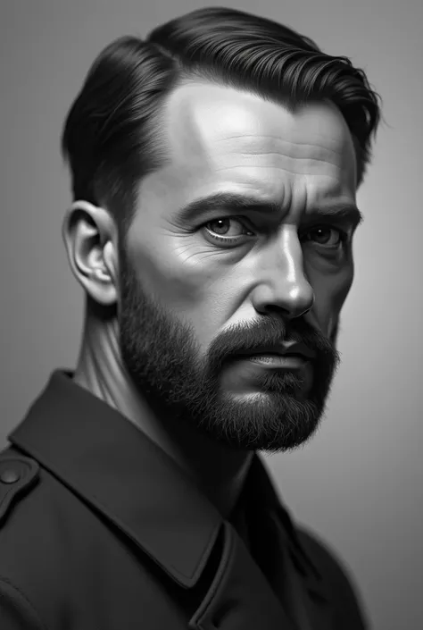  Make an old realistic portrait  ( as if he were from the 1940s ) of a man with a short beard ,  short hair  ( Similar to Nicholas II of Russia )  in black and white 