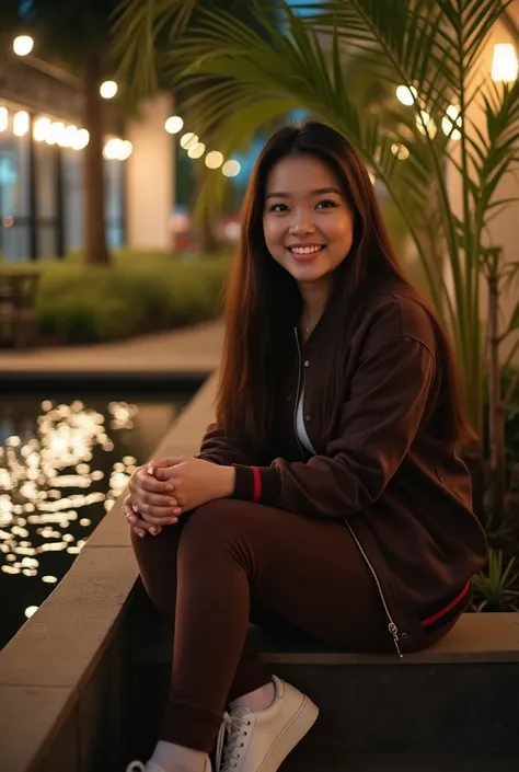  A beautiful Indonesian woman chubby, fat face,  white and manicured face,  smiling,  long brown hairstyle ,  wearing a dark brown baseball jacket, dark brown skinny pants  , white sneakers ,  sitting by the wall of a minimalist fish pond in a cafe,  outdo...