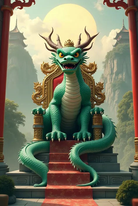 green Chinese dragon sitting on a big throne with a crown on the background of China photo 8k