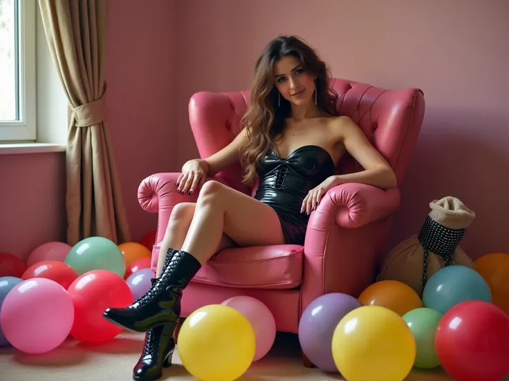  Woman with wavy brown hair ,  wearing a latex dress and patent leather boots sitting on a pink leather armchair with her legs crossed. At her feet is a man ,  kneeling ,  nude, tied with chains and gagged . the man with a bag that covers his head , look a...