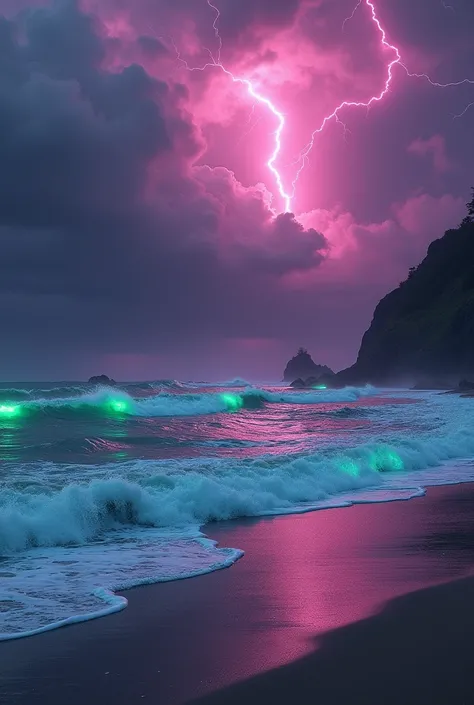 A beach with thunder and rowdy sea in purple tones with neon green lights and neon orange thunder