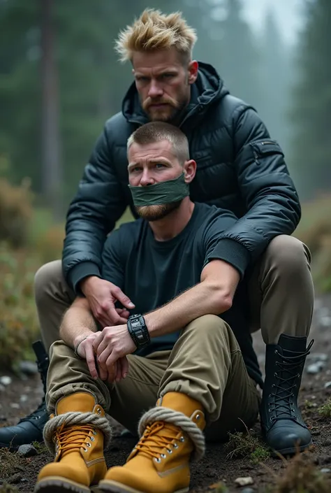 A nordic man with a short beard and hair dressing yellow Timberland boots, cargo pants and black t-shirt is bound from his legs and hands with thin rope and wide tape on his mouth in a survival camp. He is captured by blond man dressing black army boots. 