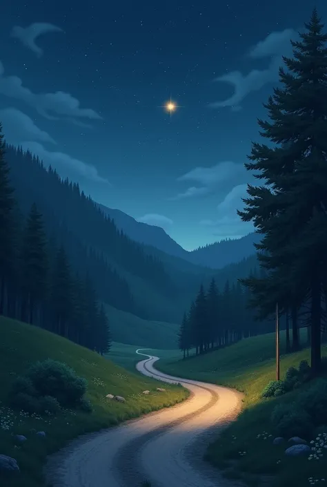 GENERATE AN IMAGE OF A CLEAR SKY WITH A SINGLE STAR ILLUMINATING THE ROAD