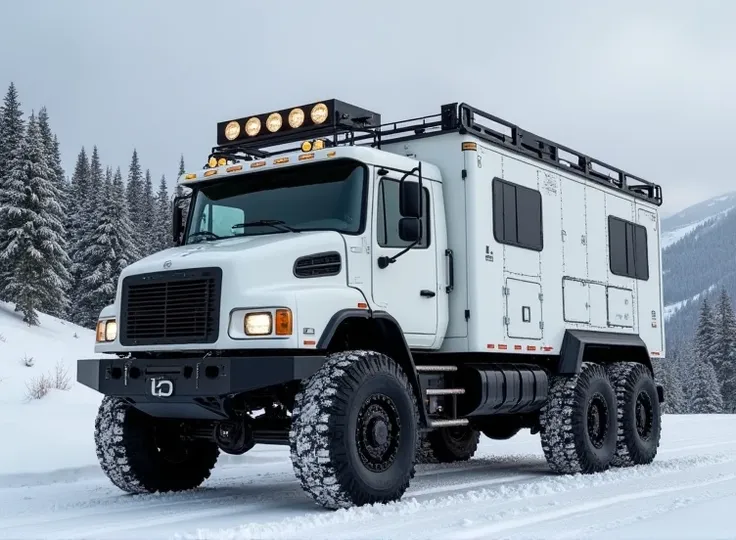 A massive and heavily armored(Chevrolet motor home)camper truck,off-road design, with a bulky and rugged Back Featuring large off-road tires, reinforced metal panels, an aggressive back view grille, roof-mounted equipment, and storage compartments. The bac...