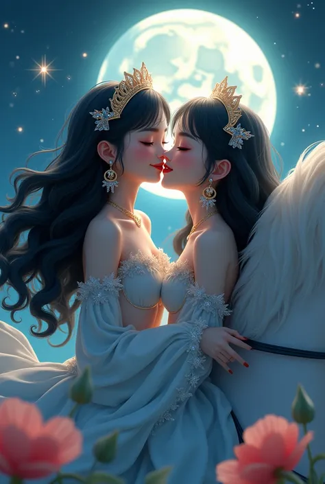 Full moon, kissing the moon, High Resolution, curly/wavy Hair, Blush, Smile, Black Hair, Very Long Hair, Jewelry, Earrings, Sparkle, Masterpiece, Best Quality, Super Detailed, Messy Hair, Breasts, Crescent Earrings, Crystal Earrings, Nose Blush, Happy, Bri...