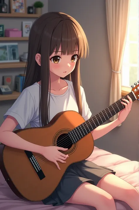 A pretty girl with long straight brown hair , straight bangs,  brown eyes,  pale skin ,  school uniform in a white school t-shirt and a gray skirt,  the girl is in a room playing a guitar 