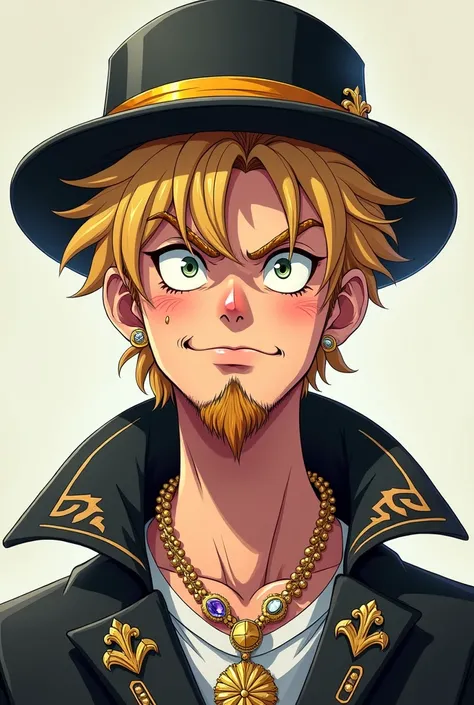 Rich ,  blond teenager with hat and fancy things. With beard and mustache. The face of a disgusting and classist . 17-year-old anime style 
