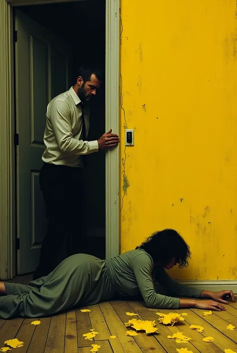  Create a movie poster for me Inspired by the short story The Yellow Wallpaper.  On the left side John stands in panic in the door frame and knocks on the door , outside the room .  On the right side of the room is a woman down on the floor  ( She crawls s...