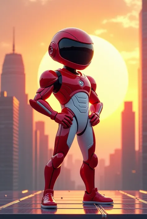 Create a mascot for a company of solar panels in red and white and black, he must be human