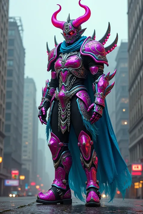 Create images of Wearing multi-colored neon chrome armor A huge  stylewarriors, sci-fi fantasy, with horns, spikes, fantasy, chains, skulls, fashion ornaments, standing on tall buildings.Wear fashion accessories, punk hairstyles, and fashion glasses.Decora...