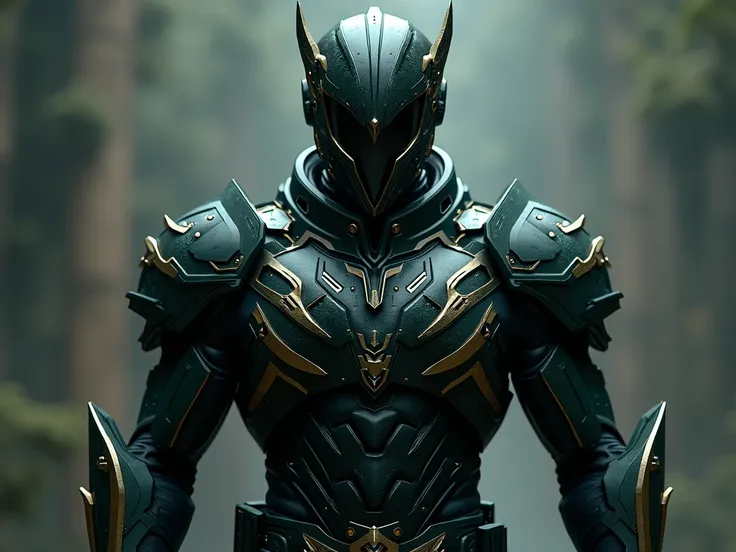 Black Ranger,  dark green shoulder pads ,  helmet with gold details and onyx crystal.