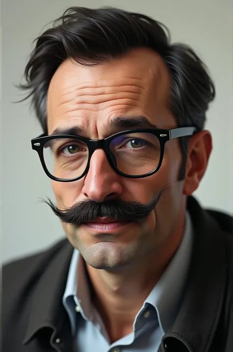 a man with a mustache, glasses,  super realistic , looks like a real person .