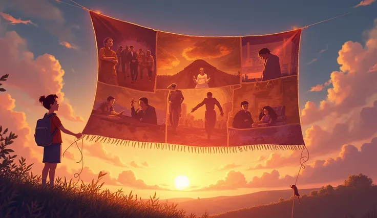 A surreal animated depiction of a large tapestry hanging in the sky, stitched with scenes of people experiencing simple joys—dancing, laughing, reading. Mark, with his distinct animated features, appears woven into the fabric, standing beside a glowing thr...