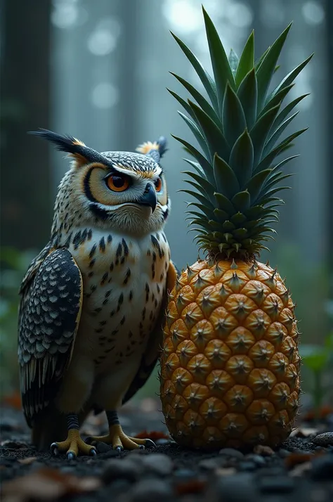 Create an image of an owl and a pineapple placed together in a dramatic, intense setting. The owl should have piercing, wide eyes with a sharp, alert expression, its feathers slightly ruffled as if caught in the middle of an intense moment. Beside it, the ...