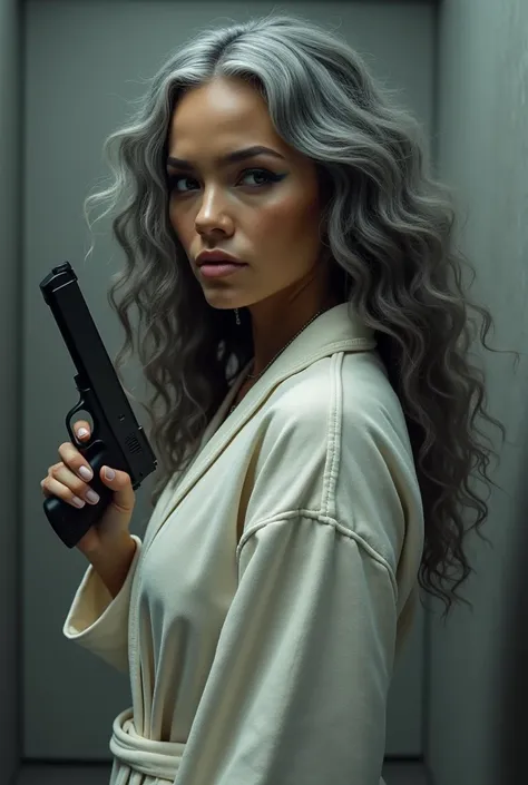 Extremely photorealistic A beautiful youthful looking Filipino version of Ariana Grande as a 50 years old woman with long curly completely gray hair as the superhero Daisy Johnson from Agents of S.H.I.E.L.D wearing a bathrobe hold a gun in her hands pointi...