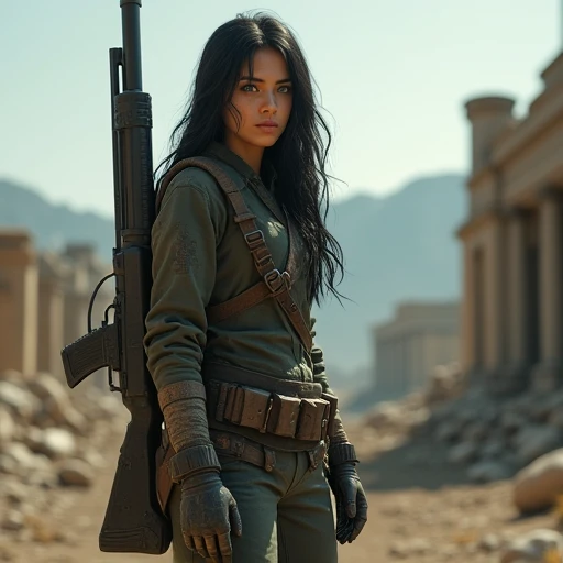 25 years woman with black hair and green eyes in a post-apocalyptic world holding a fabarm stf 12 over her shoulder