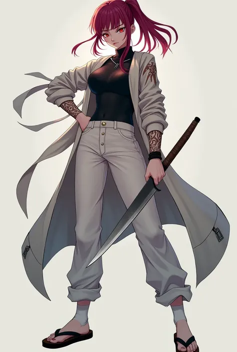  Create a female character, red eyes , medium dark pink ponytail ,black bodice, white pants,white sock,black flip flops with brown , hair and stripe tattoos like the Sukuna,with a knife