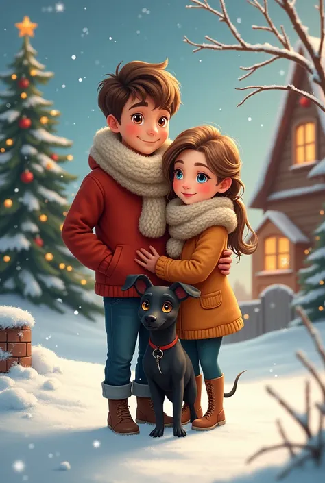  You can create a Christmas card of a couple of a boy and a girl ,  the tall boy with brown eyes and the shortest girl with blue eyes and light brown hair, with her little black dog with orange eyes .