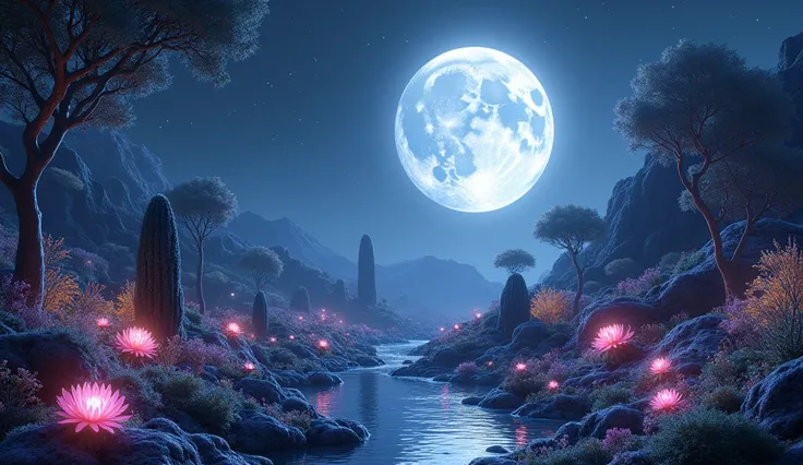 Lunar Garden: A serene garden under a giant glowing moon, with alien plants and luminescent flowers reflecting a silver hue.
