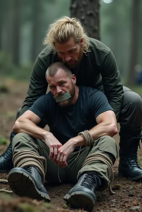 A nordic man with a short beard and hair dressing hiking boots, cargo pants and black t-shirt is bound from his legs and hands with thin rope and wide tape on his mouth in a survival camp. He is captured by blond man dressing black army boots. 