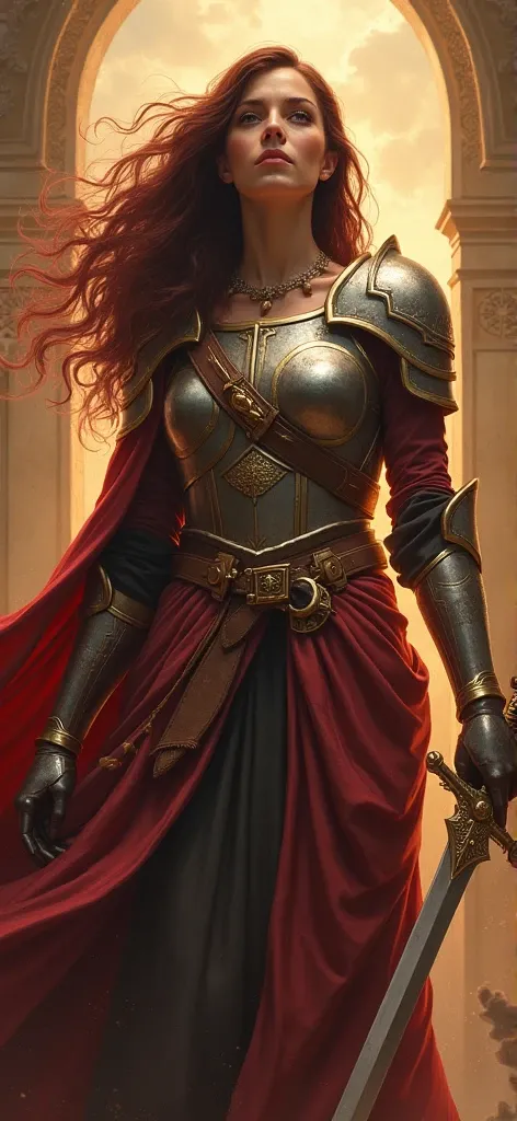  woman hair color burgundy ,  brown eyes,  wears belt of truth ,  armor of justice ,  faith as shield , Word of God as sword ,  she is upright and God protects her vor den feuerpfeilen des satans