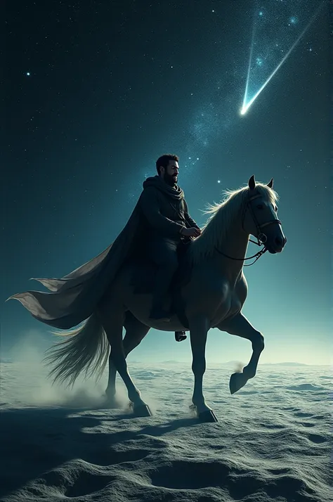 A man riding a horse on the moon with many stars and comets