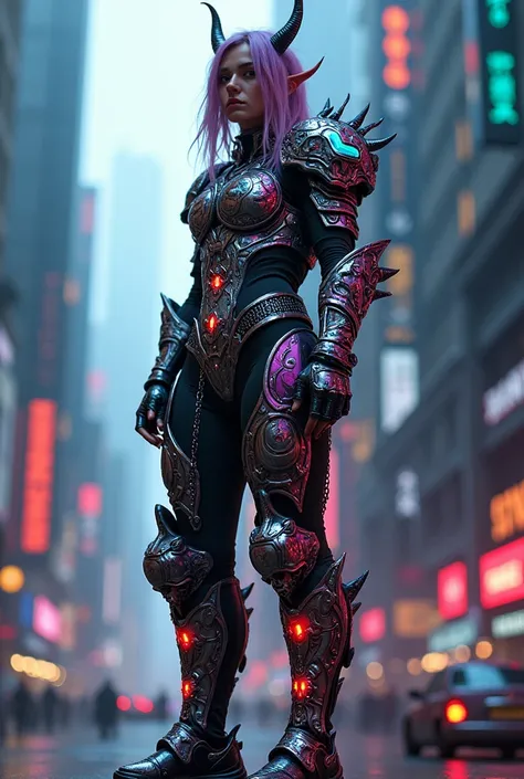 Create images of Wearing multi-colored neon chrome armor A huge  style Cyberpunks, sci-fi fantasy, with horns, spikes, fantasy, chains, skulls, fashion ornaments, standing on tall buildings.Wear fashion accessories, punk hairstyles, and fashion glasses.Dec...