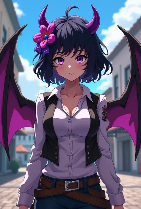 screen capture anime my hero academia a young woman of 19 years old, black hair with purple highlights short and curly with a purple flower in her hair with small demon horns and demonic wings, purple eyes with attractive black outline, tattoo on one of he...