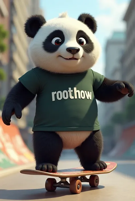 Create an image of a panda bear on a skateboard and wearing a t-shirt that says ROOTHOW