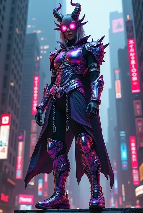 Create images of Wearing multi-colored neon chrome armor A huge  style Cyberpunks, sci-fi fantasy, with horns, spikes, fantasy, chains, skulls, fashion ornaments, standing on tall buildings.Wear fashion accessories, punk hairstyles, and fashion glasses.Dec...