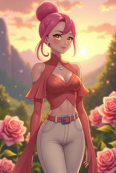 
celeste, a Pokémon Pokemon Pokemon trainer who personifies the grace of a rose and the indomitable strength of its poison,   Her pink hair is tied in an impeccable bun , with delicate muscles that gently caress her face, framing her eyes of a warm and pen...