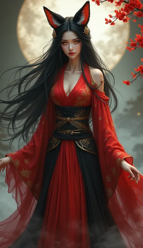 black hair black red kimono yellow eyes full height fox woman