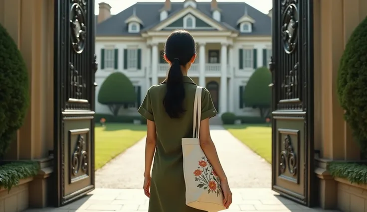 The backside of a young, slim, Thai woman, with pale white skin, black hair and a wavy ponytail hairstyle, wearing a plain midi, olive green cotton dress with collar, waist jumper, and short sleeves. She is wearing brown ballet flat shoes, and slinging a l...