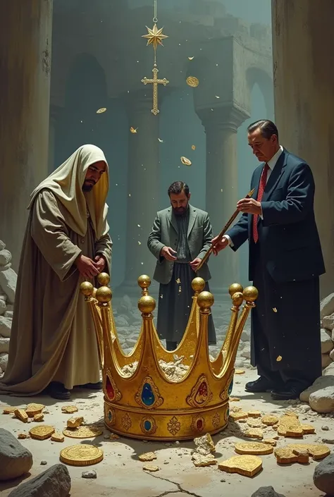 "A symbolic scene featuring a shattered golden crown at the center, broken into three pieces. Each piece represents a different force:

One piece has religious symbols (cross, crescent, star), representing religion.

One piece has art-related symbols (pain...