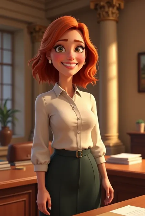  a middle-aged woman , 42 years old,  working as a secretary at a justice forum .  She has medium hair , red-haired, with a slight volume,  and her skin is fair .  Her face reflects a kind and professional expression ,  with soft features that show her exp...