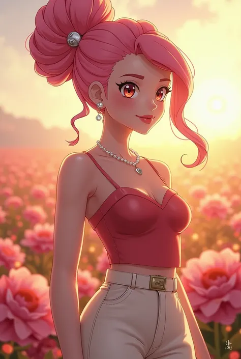 
celeste, a Pokémon Pokemon Pokemon trainer who personifies the grace of a rose and the indomitable strength of its poison,   Her pink hair is tied in an impeccable bun , with delicate muscles that gently caress her face, framing her eyes of a warm and pen...