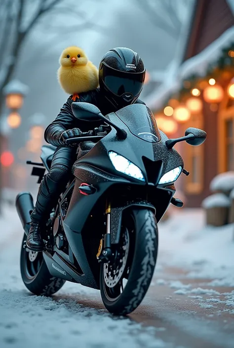 Create an image of a motorcyclist wearing a dark helmet with an opaque visor riding a Kawasaki ninja H2R with a plush chick on his shoulder in an ultra realistic Christmas atmosphere