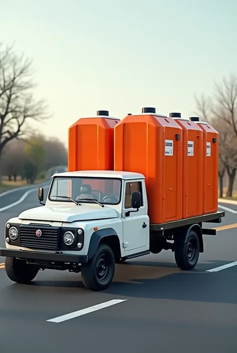  An image of a Fiat Toro pickup truck carrying chemical toilets.  The bathrooms are orange . The pickup truck is white . The bottom may be a road