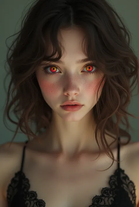 24-year-old girl with wavy brown hair and red yellow eyes 