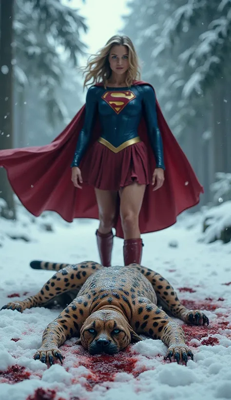 Supergirl watching Cheetah woman defeated with blood in a snowy forest, ultra realistic and professional images  