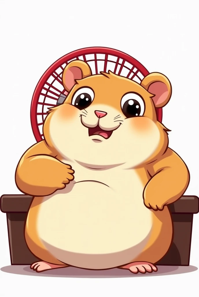 Hamster Character 、 Chubby animated character 、 Hamster 、 with a chubby and round face、
、 black eyes, and a flat nose with horizontal lines
、 Sitting on a white background with a red circle fan, 、 with his left elbow on his armrest in an arrogant manner、