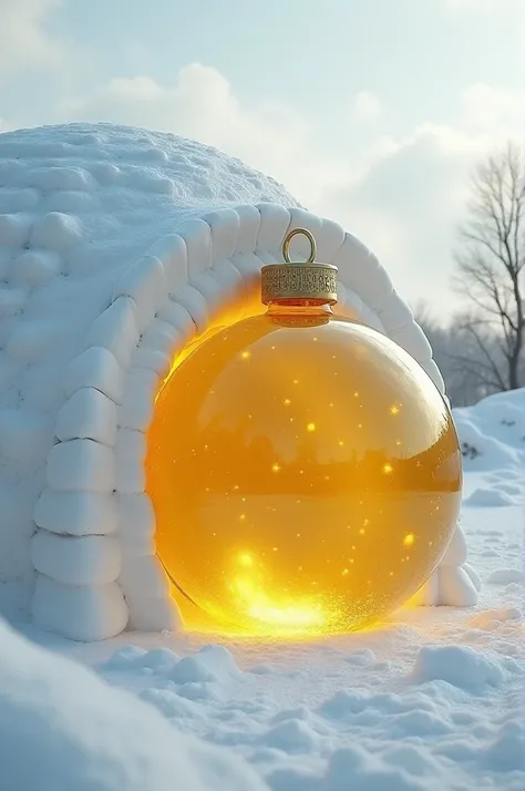 Un igloo qui est recouvert dun drap blanc le drap commence à tomber et laisse apparaître une geante boule de noel en verre jaune transparent dans laquelle on peut entrer 