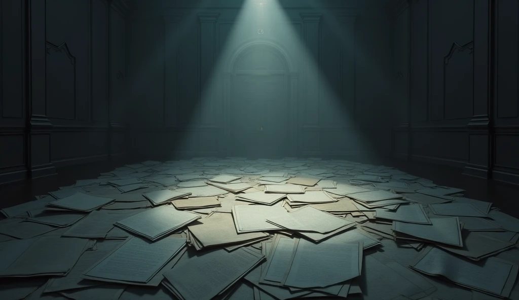  A room full of documents with dim lights, representing abdication .