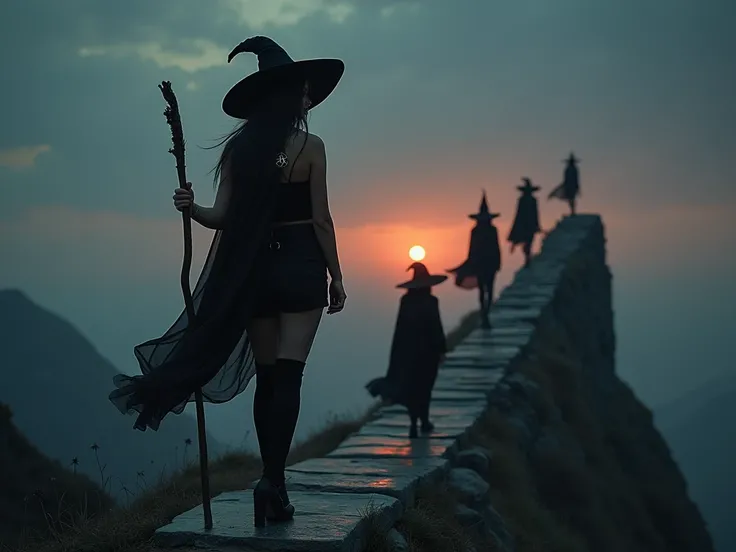 night, dawn, take the key,  A sexy witch in short black clothing ,  pentagram necklace,  witch hat ,  long black hair , very tight black leagging pants , STAFF IN THE HANDS ,  posing as a leader on the highest rung of a stone ladder,  with other witches fr...