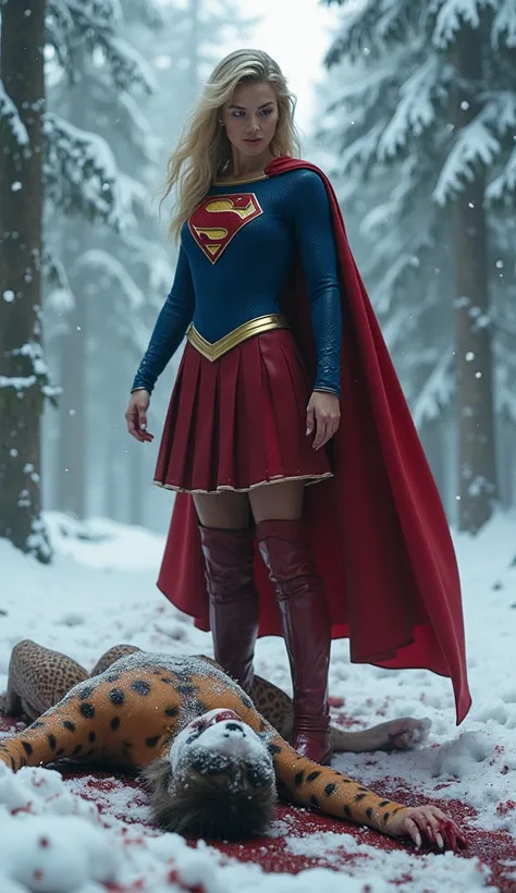 Supergirl watching Cheetah woman defeated with blood in a snowy forest, ultra realistic and professional images  