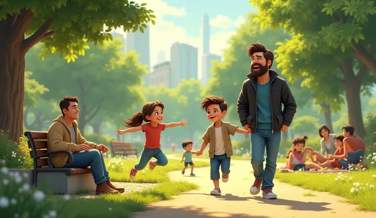 A serene animated park scene with families and friends enjoying the moment: ren running, a couple sitting on a bench, and a group sharing a picnic. Mark, with his signature animated features—full beard, dark brown voluminous hair, black jacket, blue shirt,...