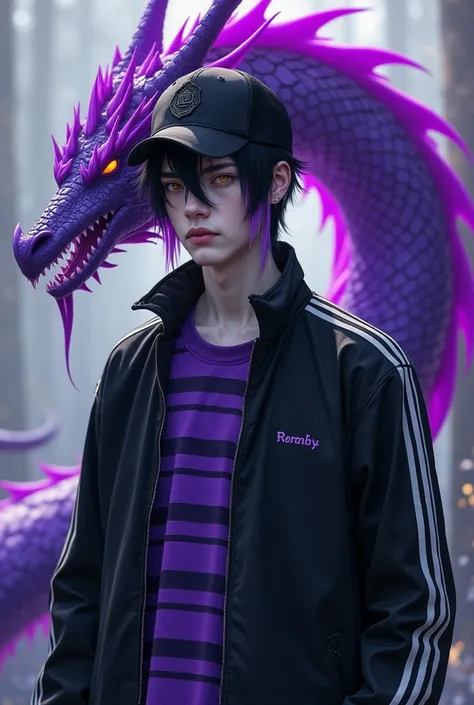 Make a man with short black hair with a long purple lock, white skin with yellow eyes, wearing a black and white cap facing the front , black jacket with white stripes with a purple striped shirt and a purple dragon in the background