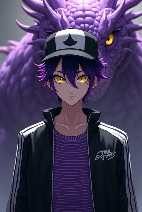 Make a man with short black hair with a purple lock, white skin with yellow eyes, wearing a black and white cap facing the front , black jacket with white stripes with a purple striped shirt and a purple dragon in the background