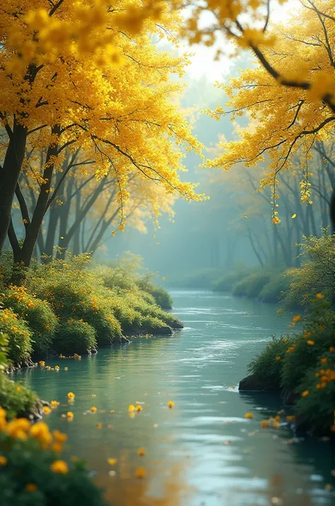 A nature image of flowering trees ,  around a river with flowers falling on the edge, yellow flowers